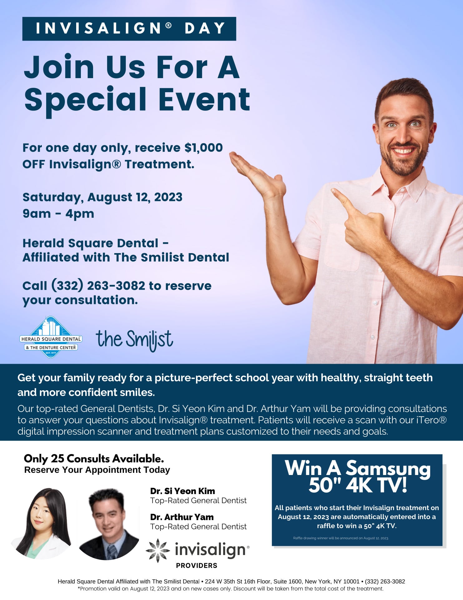 Don't miss out! Our upcoming Invisalign Day Special Event is on Saturday, August 12, 2023 only: $1,000 Off Invisalign Treatment and entry to a raffle for a Samsung 50-inch 4K TV! Contact our office for information.